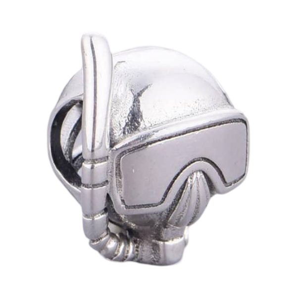 Product Afbeelding Vooraanzicht van onze nieuwe hobby en beroep bead van een duikmasker. De bedel bestaat uit een duikbril en snorkel. De gehele bedel is gemaakt van 925 sterling zilver.