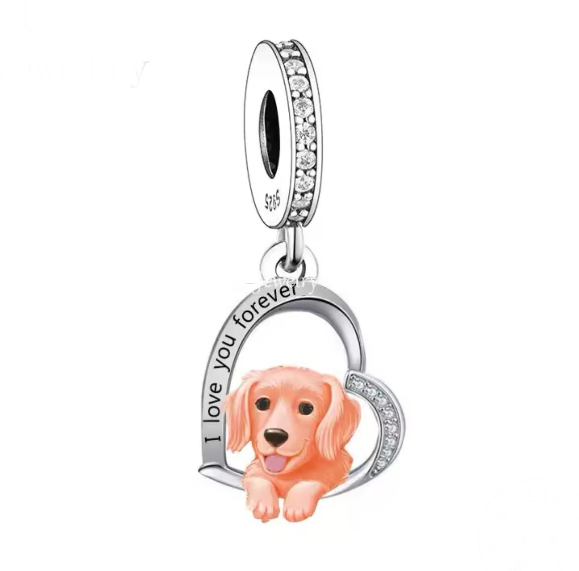 Product Afbeelding Vooraanzicht van onze prachtige open hart rose golden retriever charm. Deze bedel heeft een golden retriever is rose goud en een open hart met de tekst i love you forever. De charm is ingelegd met zirkonia en gemaakt van 925 sterling zilver.