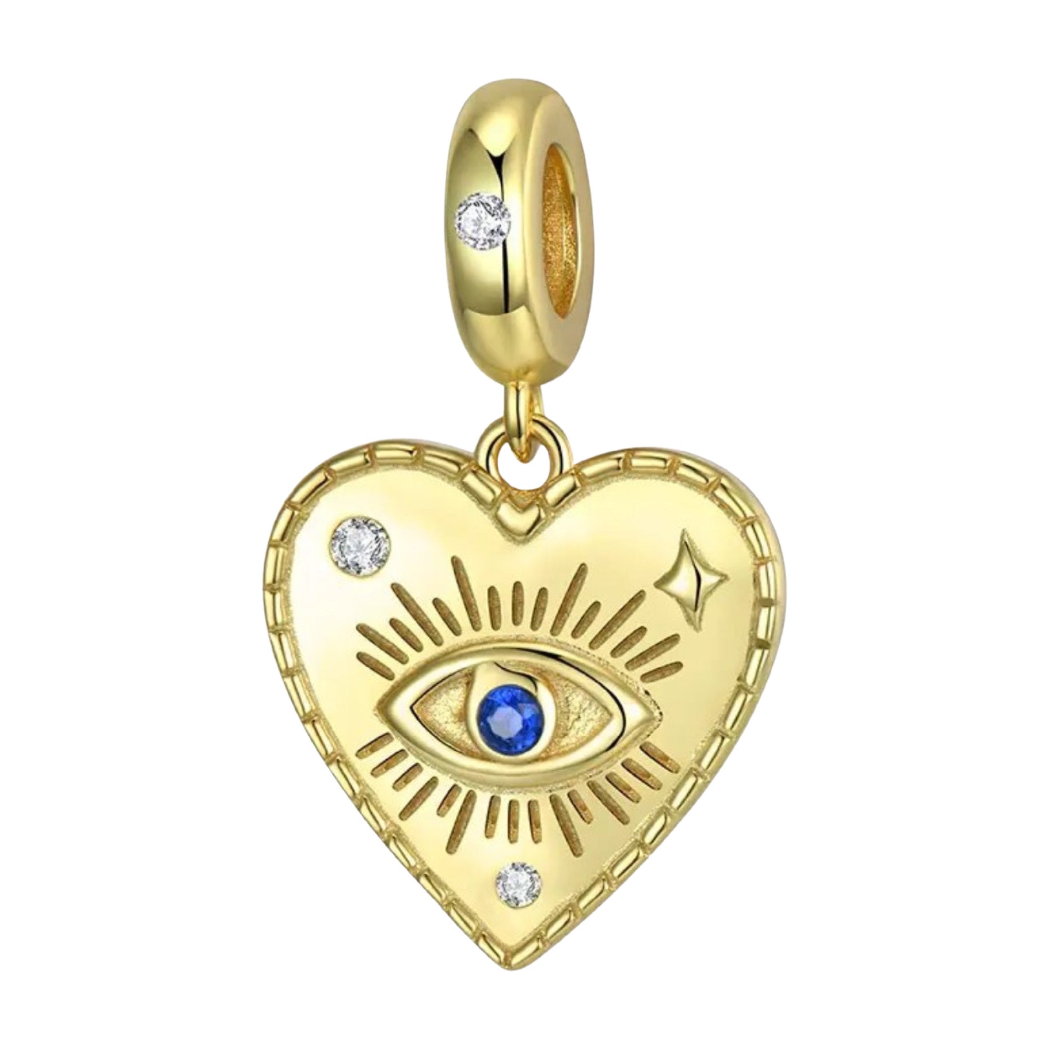 Product Afbeelding Vooraanzicht van onze prachtige charm boze oog hart goud. Deze bedel is gemaakt van 925 sterling zilver met een laagje goud. Met opgelegd oog met blauwe en transparante zirkonia.