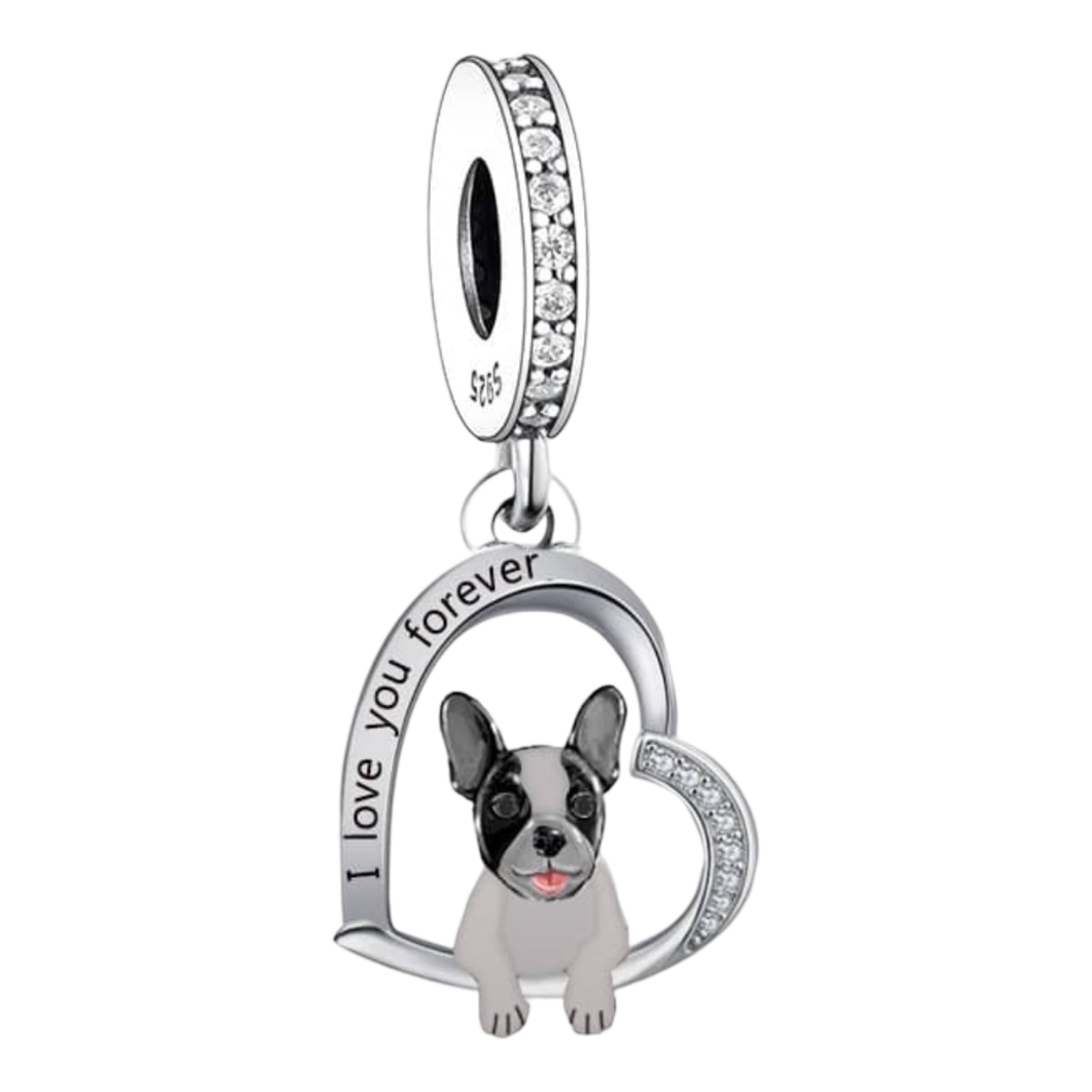 Product Afbeelding vooraanzicht van onze 925 sterling zilveren franse bulldog hart. Dit hart is gegraveerd met I love you.