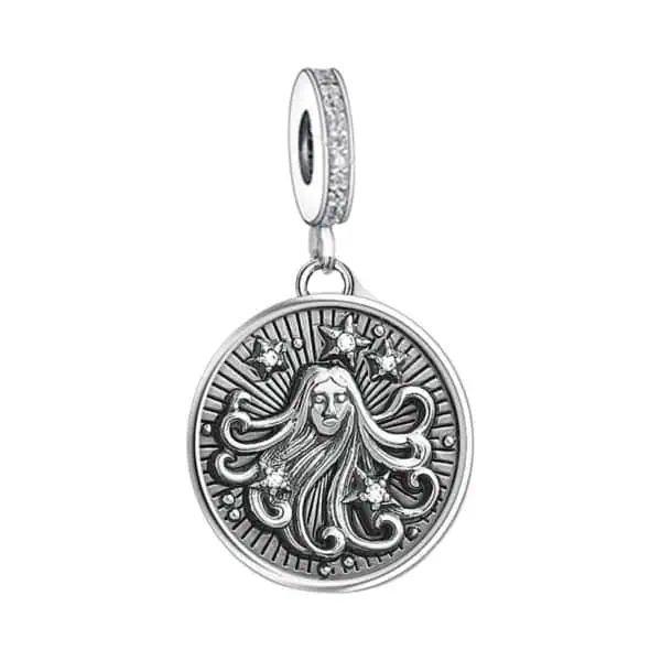 Product Afbeelding Vooraanzicht van onze prachtige Maagd charm uit de sterrenbeeld collectie. Deze lieve Horoscoop bedel rond is gemaakt van 925 sterling zilver met 3d maagd bovenop de medaillon.