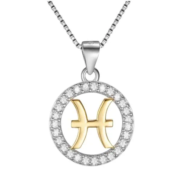 Product Afbeelding Vooraanzicht van deze prachtige horoscoop vissen ketting. Deze ketting is gemaakt van 925 sterling zilver. Het sterrenbeeld symbool vis is gemaakt van 14 karaat goud. De medaillon is in de rand ingelegd met zirkonia. De ketting is inclusief.